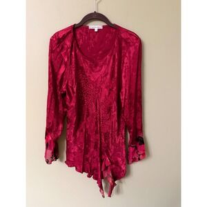 Spencer Alexis Red Floral Jacquard Asymmetrical Fairy Blouse 14 Boho Sparkly